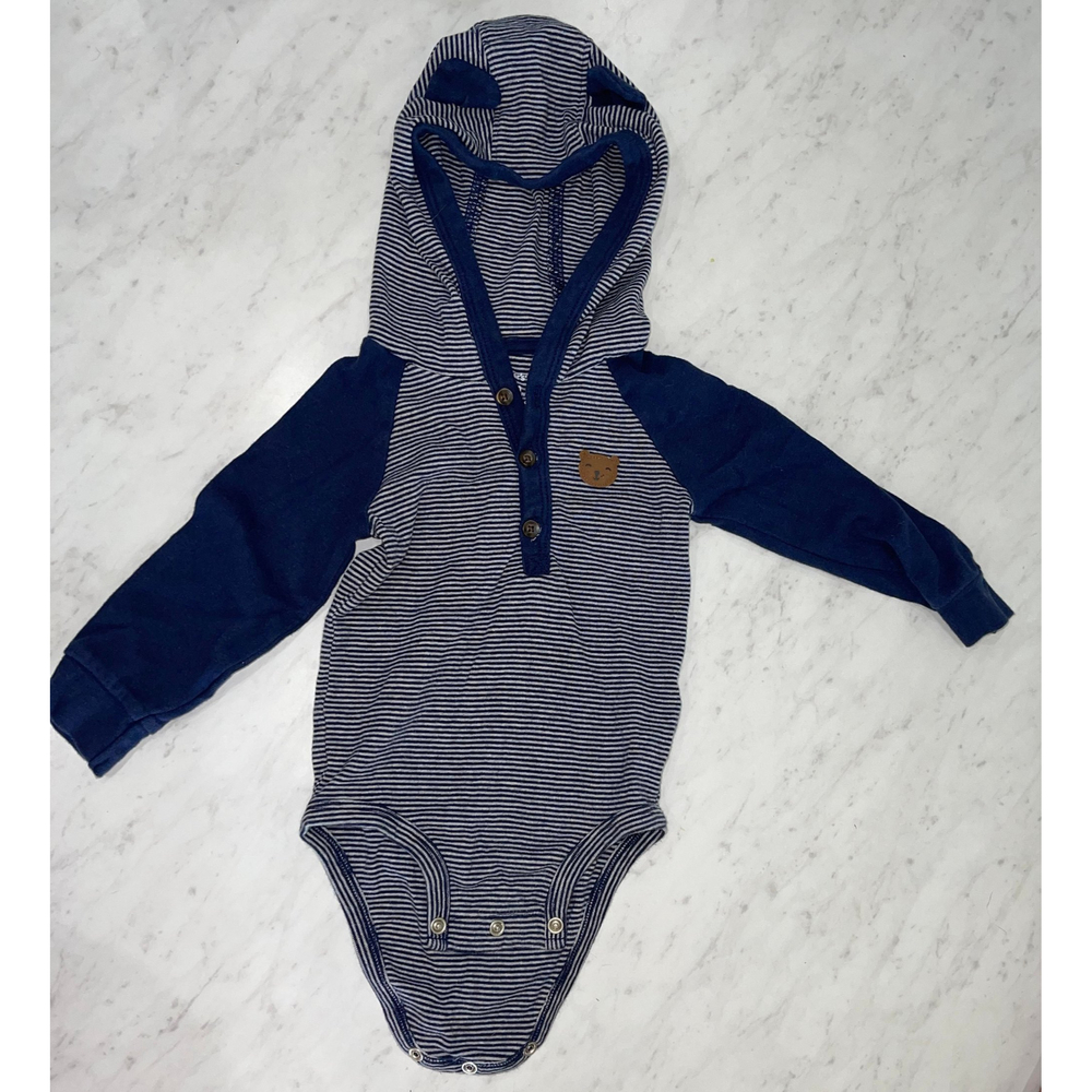 Baby Long Sleeved Bear Onesie - Blue & White Striped